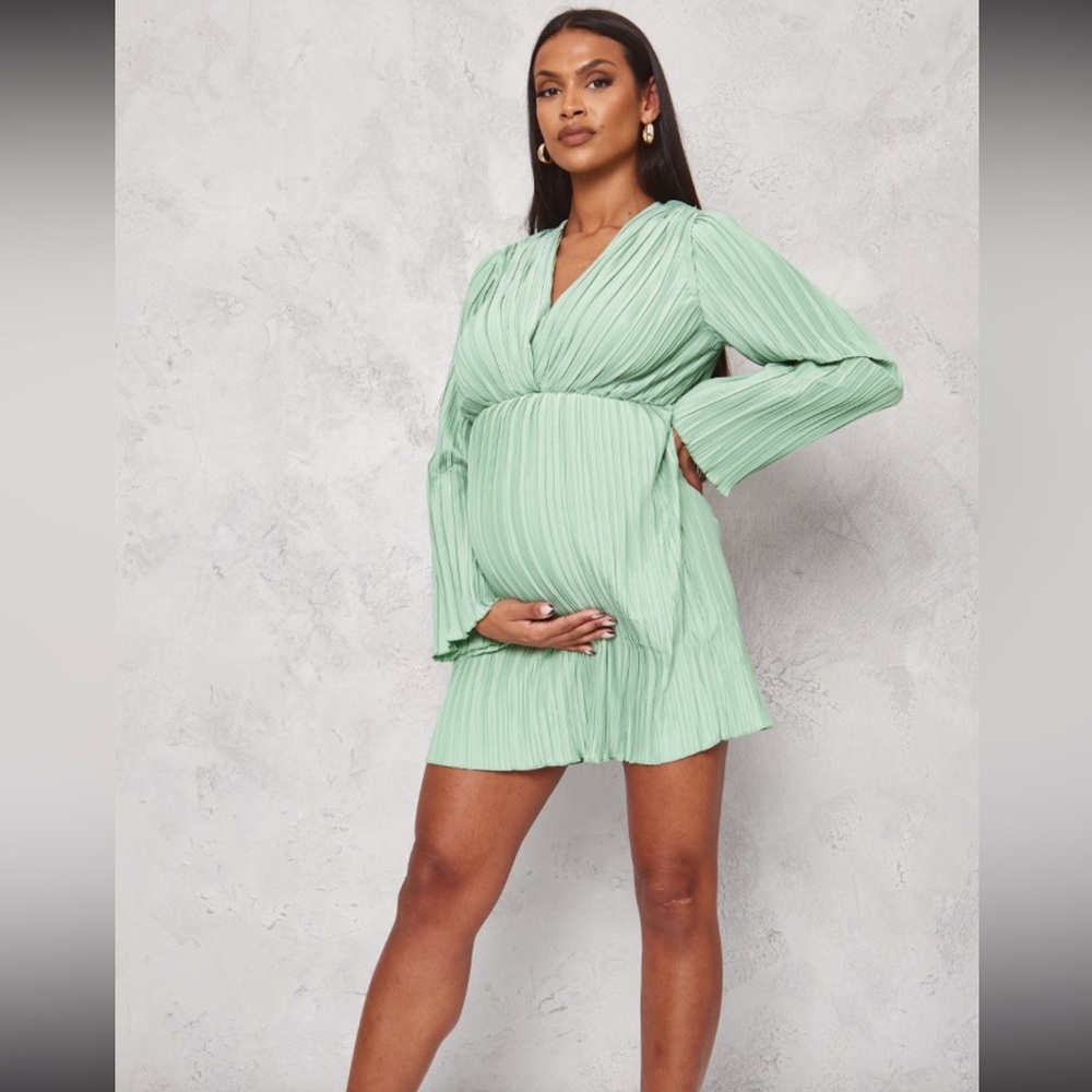 Maternity Sage Green Plisse Plunge Mini Dress